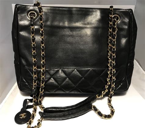 chanel black leather partial quilted gold chain strap tote bag